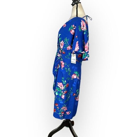 kensie Shift Dress Women's Plus 14 Blue Floral Short Sleeve Wrap Style NWT - Picture 4 of 11